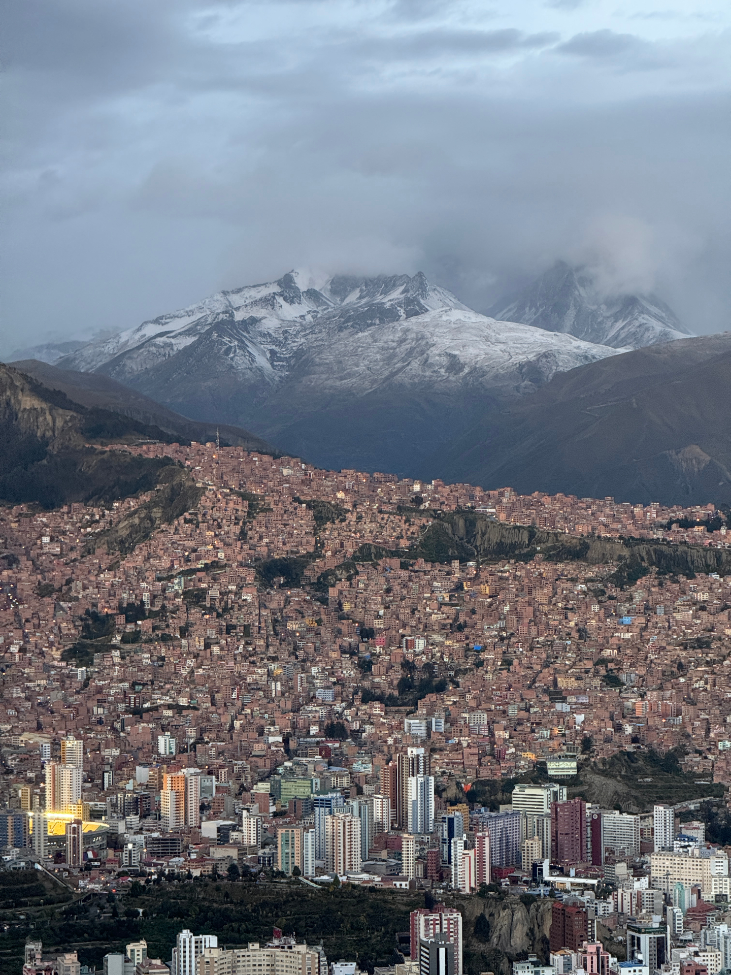 La Paz spreading across the valley below snow-covered Illimani