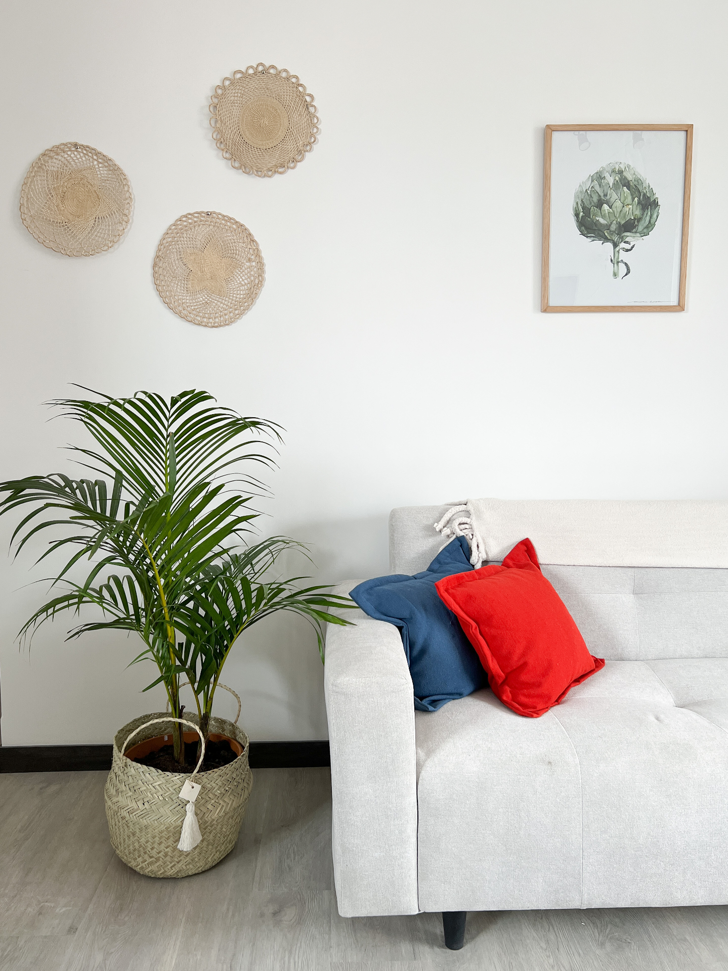 Cozy lounge detail with a woven planter, palm, botanical art, and colorful cushions