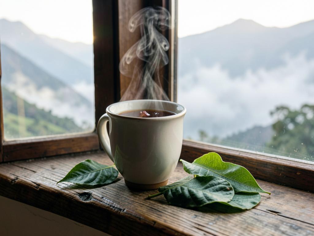 Cup of steaming coca tea with coca leaves on a wooden windowsill above misty mountains