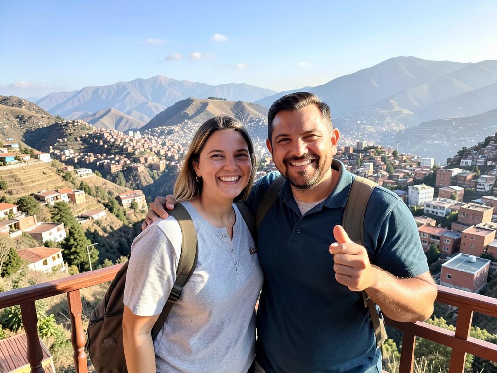 Smiling traveler couple on a balcony overlooking the hills and cityscape of La Paz
